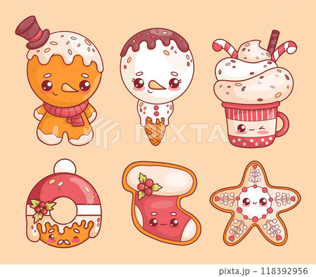Christmas gingerbread. Cute figurines cookies and ice cream cone funny snowman, cup with cream dessert, Xmas sock, star and Santa donut with drops of glaze. Isolated vector holiday kawaii characters. 118392956
