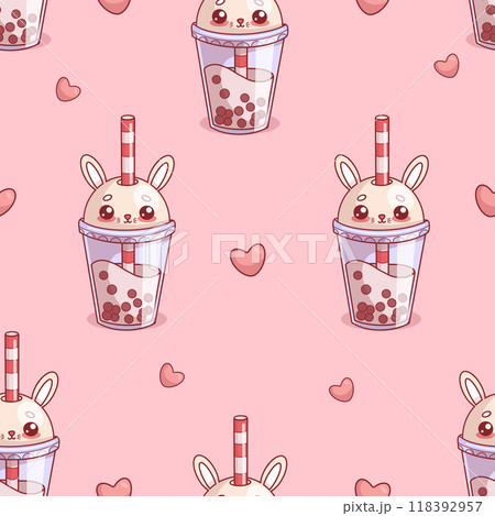 Seamless pattern with cute glass Bubble Tea Rabbit. Funny cartoon kawaii character drink and heart on pink background. Vector illustration. 118392957