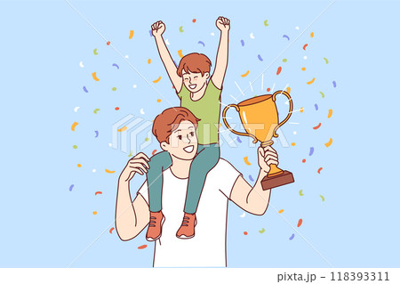 Dad with champion trophy and son sitting on podium celebrates father day and is proud of having heir 118393311