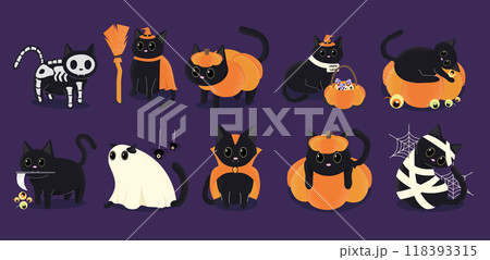 Cute Black Cats in Halloween Costumes with Pumpkins and Spooky Decorations on Purple Background Cute Black Cats in Halloween Costumes with Pumpkins and Spooky Decorations on Purple Background 118393315