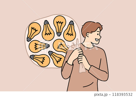 Talented man with lot of ideas in imaginary bag goes to investors for investment for startup 118393532