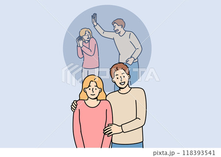 Problem of domestic violence is hidden by man aggressor and woman victim smiling in public 118393541