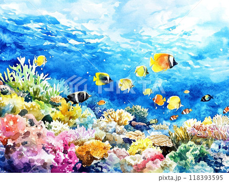 サンゴと熱帯魚の群れのイラスト素材 [118393595] - PIXTA