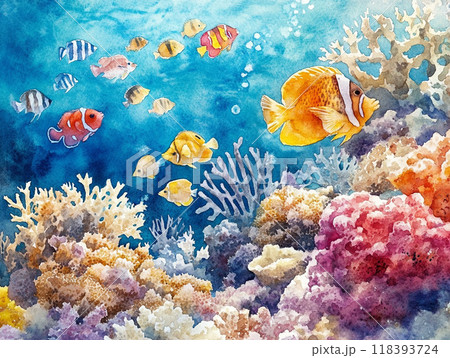 海の風景画「スズメダイと珊瑚」珊瑚の森、熱帯魚 海の風景画「スズメダイと珊瑚」珊瑚の森、熱帯魚
