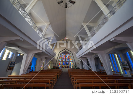 Cap Ferret, France - August 2024 : Interior of Notre Dame des Flots church in Cap Ferret on the Cap Ferret, France - August 2024 : Interior of Notre Dame des Flots church in Cap Ferret on the 118393754