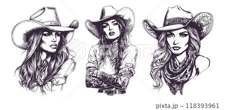 Woman cowboy tattoo sketches. Cowgirl in cowboys hat with long hair, sexy american lady western model face vintage drawing wild west retro ink sketch vector illustration 118393961