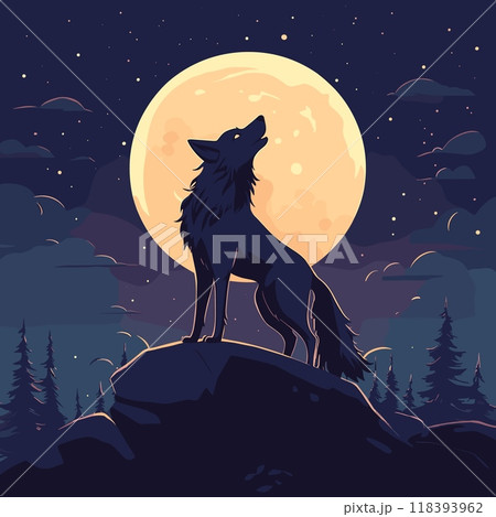 Wolf howls at moon. Howling wild dog or werewolf silhouette against full moon night cliff in forest, wildlife animal midnight moonlight mystic cartoon background vector illustration 118393962