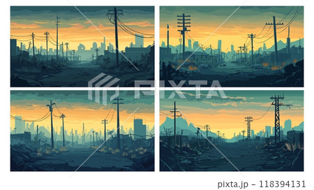 Post apocalyptic landscapes. Destroyed city road street panoramic background, nuclear war destruction dark burnt town in dusk, set vector illustration Post apocalyptic landscapes. Destroyed city road street panoramic background, nuclear war destruction dark burnt town in dusk, set vector illustration 118394131