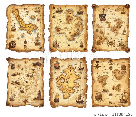 Pirates maps. Antique treasure torn parchment backgrounds, nautical adventure journey guide cartography plan buried old chest, set vector illustration Pirates maps. Antique treasure torn parchment backgrounds, nautical adventure journey guide cartography plan buried old chest, set vector illustration 118394156