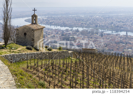 Grand cru vineyard and Chapel of Saint Christopher, Tain l'Hermitage, Rhone-Alpes, France Grand cru vineyard and Chapel of Saint Christopher, Tain l'Hermitage, Rhone-Alpes, France 118394254