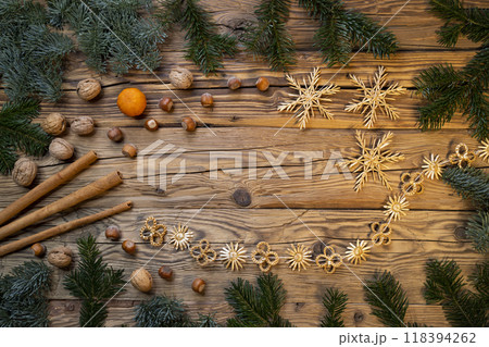 Traditional Czech Christmas on wood decoration with twig, apple, orange, fruit 118394262