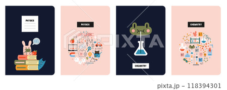 Trendy notebook covers set, vector illustration. Studying science at school, physics and chemistry. Education concept. Design with cute characters and equipment for classes 118394301