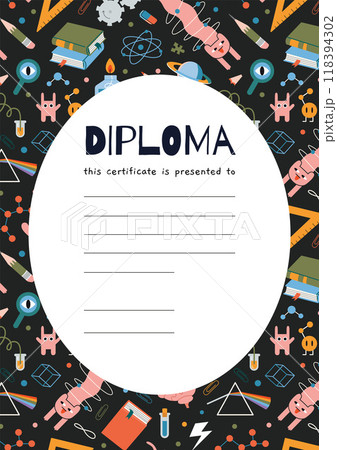 School diploma certificate for students with scientific pattern. Background with Education concept and place for text. Trendy modern vector illustration, hand drawn, flat 118394302