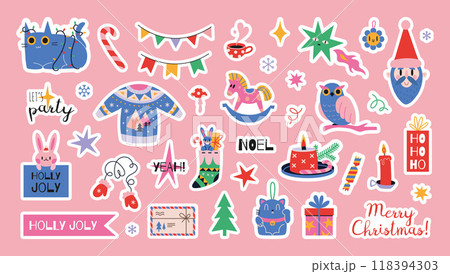 Cute stickerpack with New Year and Christmas attributes and trendy lettering in bright colors. Set of stickers for planner and diaries, vector flat illustration. Decorations for gift and postcards 118394303
