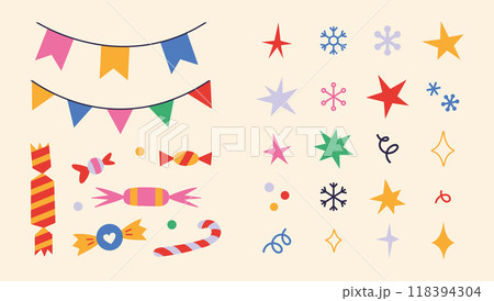 Set of elements for festive decoration such as garlands, stars, sparkles, snowflakes and sweets. Winter holidays, Christmas attributes. Trendy modern vector illustration, hand drawn, flat 118394304