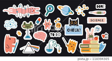 Set of school stickers with white outline, cutting line. Science research, Education and study concepts with cute characters. Trendy modern vector illustration on light background, hand drawn, flat Set of school stickers with white outline, cutting line. Science research, Education and study concepts with cute characters. Trendy modern vector illustration on light background, hand drawn, flat 118394305