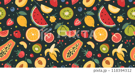 Seamless patter with tropical fruit on black background. Healthy eating and fresh food. Trendy modern vector illustration, hand drawn, flat Seamless patter with tropical fruit on black background. Healthy eating and fresh food. Trendy modern vector illustration, hand drawn, flat 118394312