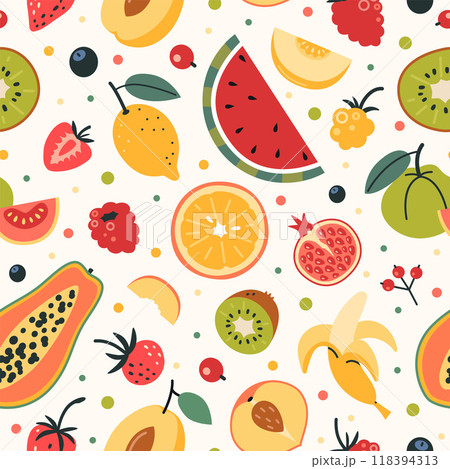 Seamless patter with tropical fruit on light background. Healthy eating and fresh food. Trendy modern vector illustration, hand drawn, flat 118394313