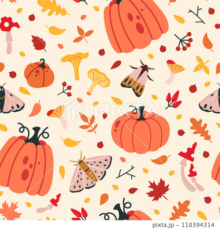 Seamless patter with autumn vibes, pumpkins, mushrooms, harvest, yellow leaves and moths. Trendy modern vector illustration on light background, hand drawn, flat 118394314