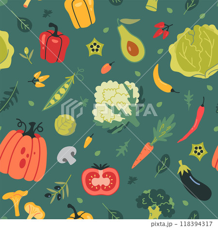 Seamless patter with Vegetables on green background. Healthy eating, fresh food and farm products. Trendy modern vector illustration, hand drawn, flat 118394317