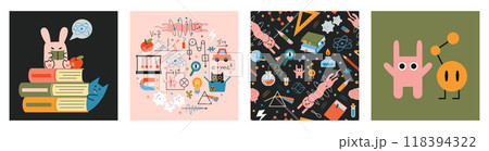 Education and study concept set with cute characters and seamless pattern. Physics lesson at school. Formulas, drawings, and equipment for classes. Trendy modern vector illustration, hand drawn, flat Education and study concept set with cute characters and seamless pattern. Physics lesson at school. Formulas, drawings, and equipment for classes. Trendy modern vector illustration, hand drawn, flat 118394322