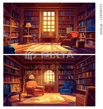 Home library interiors. Domestic room for comfortable book reading, indoor bookshelves and cozy armchair for book education and relax, set vector illustration Home library interiors. Domestic room for comfortable book reading, indoor bookshelves and cozy armchair for book education and relax, set vector illustration 118394331