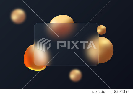 Transparent frosted glass website landing page template with golden spheres on black background. 118394355