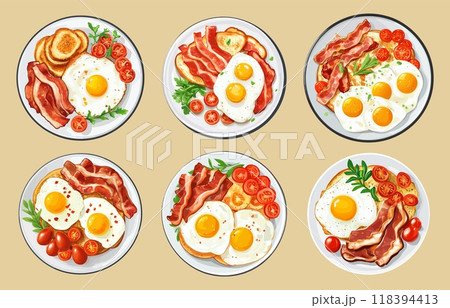 English breakfasts. Traditional british breakfast meal, plate with bacon bread, pancakes, fried egg tomato, set vector illustration 118394413