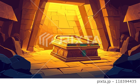 Empty tomb inside egyptian temple. Pharaohs sarcophagus in pyramid cave, golden grave treasure egypt civilisation history archaeology game cartoon background vector illustration 118394435