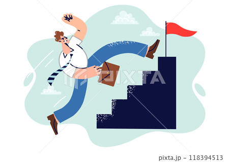 Business man leader runs up stairs trying to be first to reach finish line, ahead of competitors 118394513