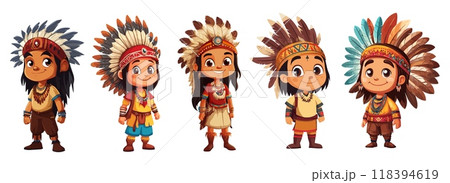 Cartoon indians. Children cute in native american indian warrior costume, boy girl in feather headdress amerindian tribal chief wild west western characters set vector illustration 118394619