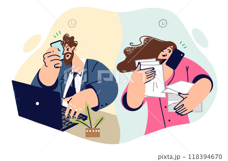 Business communication between man boss and woman secretary via mobile phone to discuss work plan 118394670
