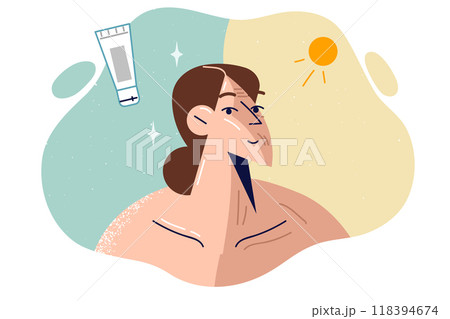 Girl uses SPF cream to avoid tanning in summer, for fear of getting skin cancer due to sun rays Girl uses SPF cream to avoid tanning in summer, for fear of getting skin cancer due to sun rays 118394674