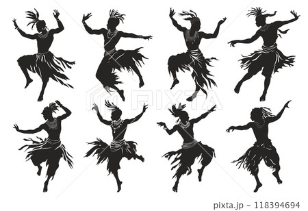 African dancers silhouettes. Persons in tribal dance, ethnic africa indigenous culture, set vector illustration 118394694