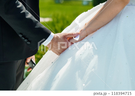 Elegant Close-Up of Bride and Groom Holding Hands in Sunlit Outdoor Wedding Moment 118394715