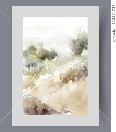 Natural park with hilly terrain on watercolor poster, with bushes and trees on mountainside 118394737
