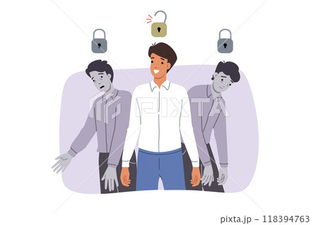 Free man stands among slaves who have become victims of mind control and sociocultural patterns 118394763