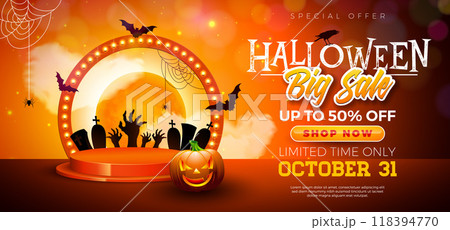 Halloween Sale Banner Illustration with Pumpkin, Podium and Glowing Light Bulb Billboard on Orange Background. Vector Holiday Design Template with Typography Lettering for Offer, Coupon, Celebration Halloween Sale Banner Illustration with Pumpkin, Podium and Glowing Light Bulb Billboard on Orange Background. Vector Holiday Design Template with Typography Lettering for Offer, Coupon, Celebration 118394770