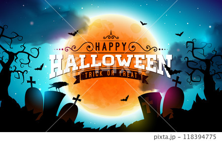 Happy Halloween Vector Illustration with Moon, Crow, Flying Bats, Spider and Typography Lettering on Night Blue Cemetery Background. Holiday Design for Banner, Greeting Card, Celebration Poster, Party Happy Halloween Vector Illustration with Moon, Crow, Flying Bats, Spider and Typography Lettering on Night Blue Cemetery Background. Holiday Design for Banner, Greeting Card, Celebration Poster, Party 118394775
