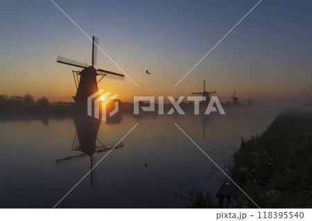 Traditional Dutch windmills with a colourful sky just before sunrise in Kinderdijk, The Netherlands 118395540