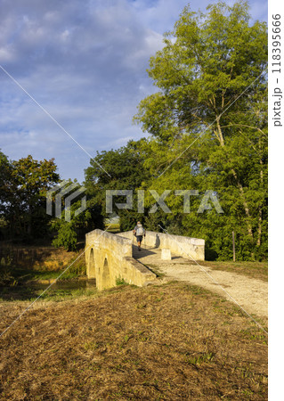 Romanesque bridge of Artigue and river Osse near Larressingle on route to Santiago de Compostela, UNESCO World Heritage Site, departement Gers, France 118395666