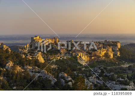 Medieval castle and village, Les Baux-de-Provence, Alpilles mountains, Provence, France 118395869