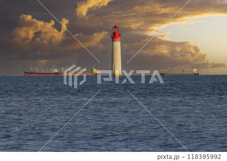 Phare de Chauvea near Ile de Re with ships to La Rochelle, Pays de la Loire, France Phare de Chauvea near Ile de Re with ships to La Rochelle, Pays de la Loire, France 118395992