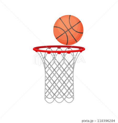 A basketball and a basketball basket. The ball is in the basketball basket. Sports equipment for playing basketball. Vector illustration. A basketball and a basketball basket. The ball is in the basketball basket. Sports equipment for playing basketball. Vector illustration. 118396284