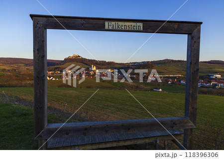 Falkenstein ruins and town with vineyard, Lower Austria, Austria 118396306
