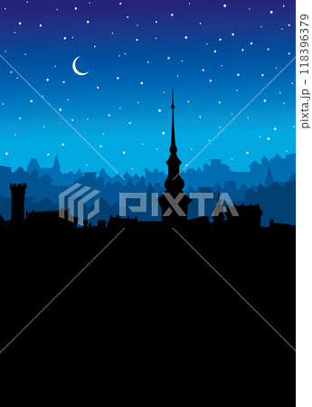 Vector drawing. Medieval cathedral in the center of the city square 118396379