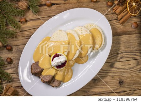 typical Czech meal called svickova at Christmas time 118396764