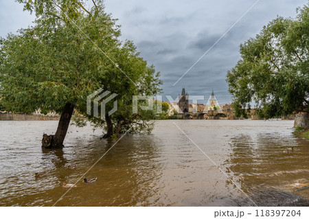 Flood in Prague. View of Charles Bridge over the flooding river Vltava, Prague 118397204