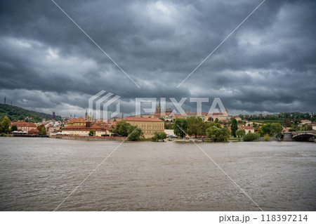 Flood in Prague. View of Prague Castle across the flooding river Vltava, Prague 118397214
