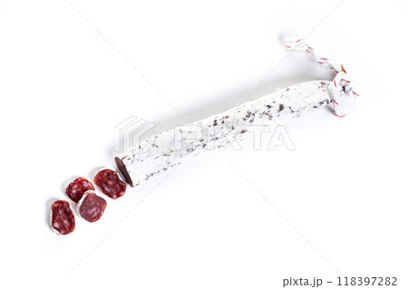 Fuet.Dry cured fuet sausage, isolated on white background. 118397282